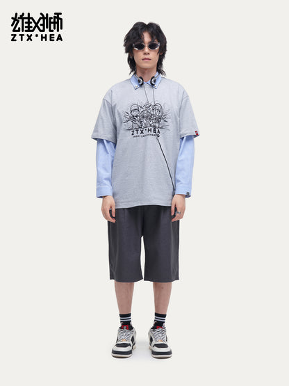 HEA Unisex Oversized Graphic T-Shirt, Crew Neck Cotton Tee with Sketch Print, Casual Streetwear Top for Men Women