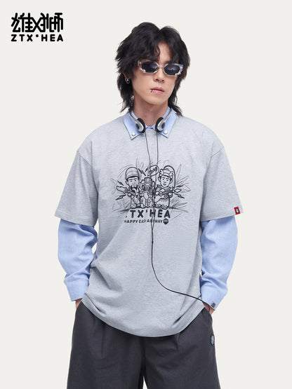 HEA Unisex Oversized Graphic T-Shirt, Crew Neck Cotton Tee with Sketch Print, Casual Streetwear Top for Men Women