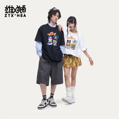 HEA Unisex Oversized Cartoon Graphic T-Shirt, Crew Neck Cotton Tee with Character & Lion Print, Casual Streetwear Top for Men Women