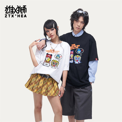 HEA Unisex Oversized Cartoon Graphic T-Shirt, Crew Neck Cotton Tee with Character & Lion Print, Casual Streetwear Top for Men Women
