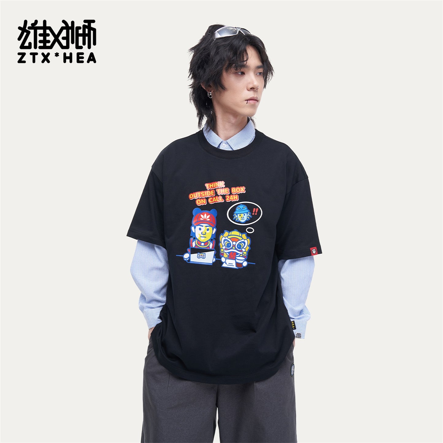 HEA Unisex Oversized Cartoon Graphic T-Shirt, Crew Neck Cotton Tee with Character & Lion Print, Casual Streetwear Top for Men Women