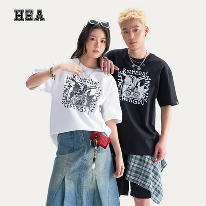 HEA Unisex Heavyweight Cotton Lion Graphic T-Shirt, Oversized Streetwear Short Sleeve Tee