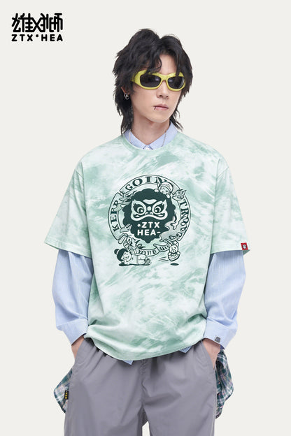 HEA Unisex Oversized Tie-Dye Graphic T-Shirt, Crew Neck Cotton Tee with Lion Print, Casual Streetwear Top for Men Women