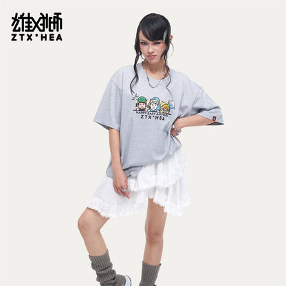 HEA Unisex Oversized Graphic T-Shirt, Casual Crew Neck Cotton Tee with Cartoon Print, Loose Fit Streetwear Top for Men Women