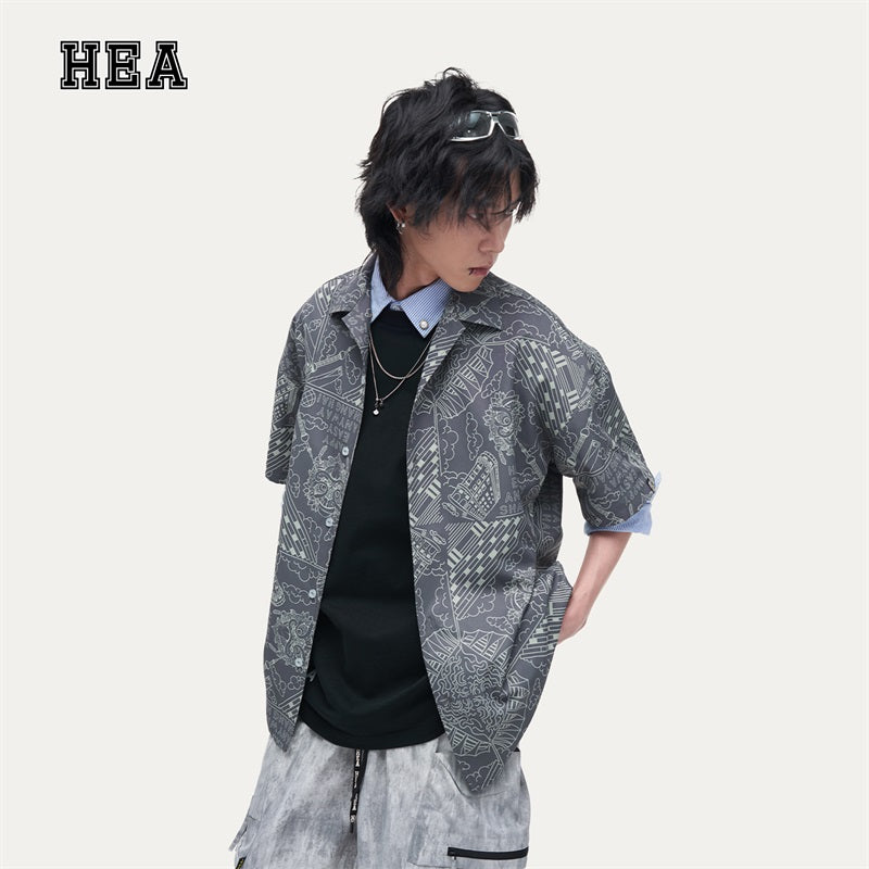 HEA Unisex Allover Print Button Up Shirt, Casual Streetwear Short Sleeve Camp Shirt