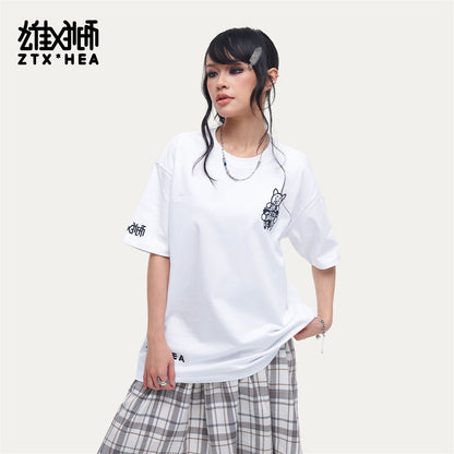 HEA Unisex Oversized Line Art Graphic T-Shirt, Crew Neck Cotton Tee with Minimalist Print, Casual Streetwear Top for Men Women