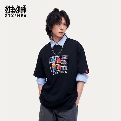HEA Unisex Oversized Cartoon Graphic T-Shirt, Crew Neck Cotton Tee with Grid Print, Casual Streetwear Top for Men Women