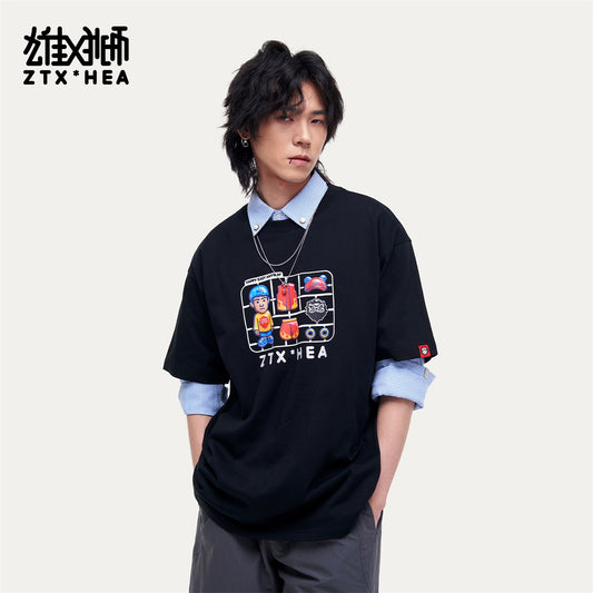 HEA Unisex Oversized Cartoon Graphic T-Shirt, Crew Neck Cotton Tee with Grid Print, Casual Streetwear Top for Men Women