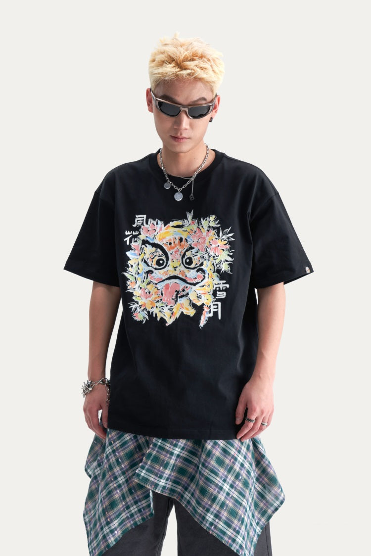 HEA Unisex Heavyweight Cotton Colorful Lion Graphic T-Shirt, Oversized Streetwear Short Sleeve Tee