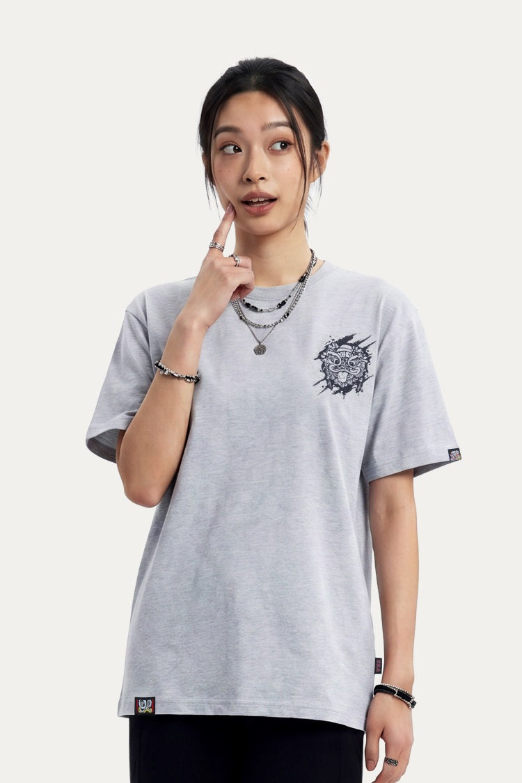 HEA Distressed Wash Lion Head Graphic Tee, Unisex Gothic Streetwear Short Sleeve T-shirt
