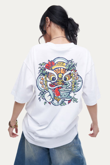 HEA Unisex Heavyweight Cotton Lion Graphic T-Shirt, Oversized Streetwear Short Sleeve Tee