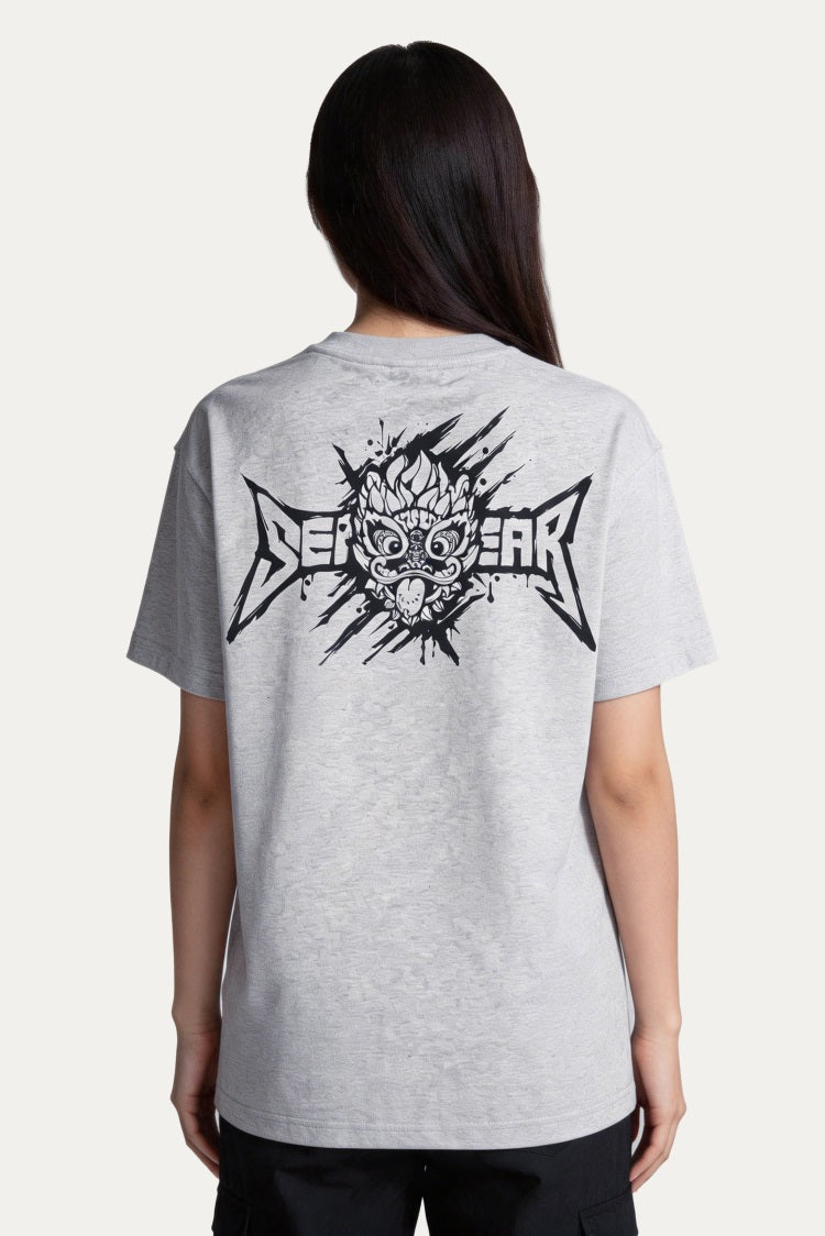 HEA Distressed Wash Lion Head Graphic Tee, Unisex Gothic Streetwear Short Sleeve T-shirt