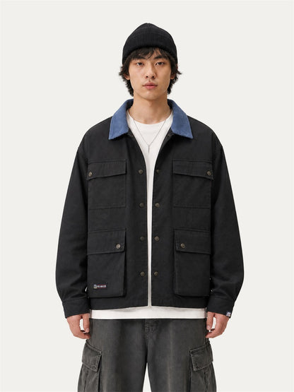 HEA Multi-Pocket Workwear Jacket – Contrast Collar Utility Coat