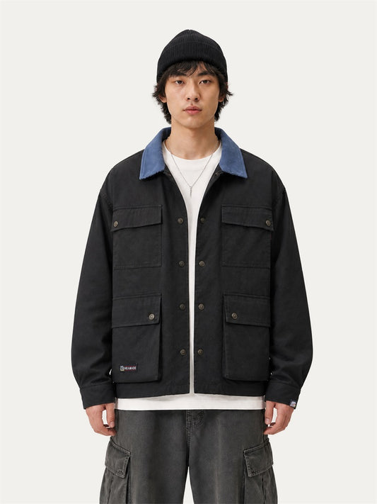 HEA Multi-Pocket Workwear Jacket – Contrast Collar Utility Coat