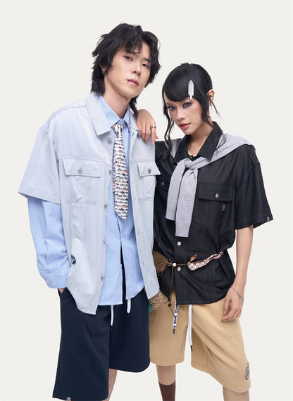 HEA Unisex Utility Button-Up Shirt, Short Sleeve Streetwear Work Shirt