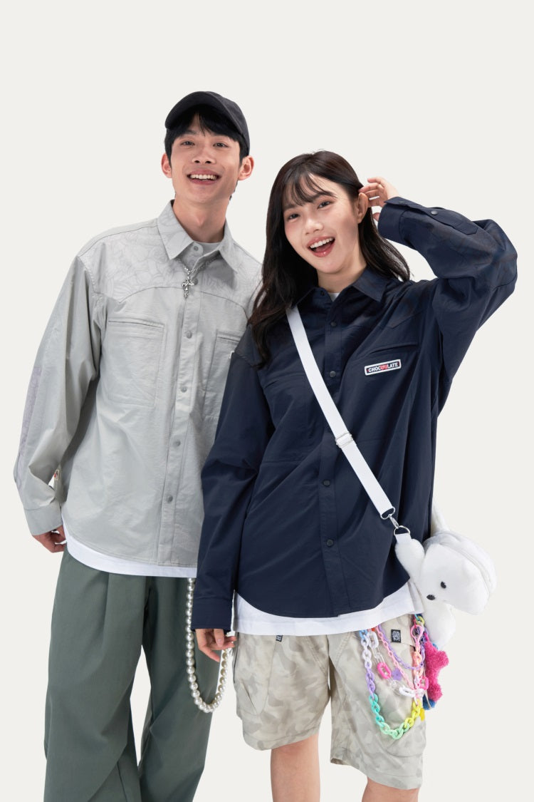 HEA Unisex Contrast Print Long Sleeve Shirt, Casual Streetwear Button-Down Top