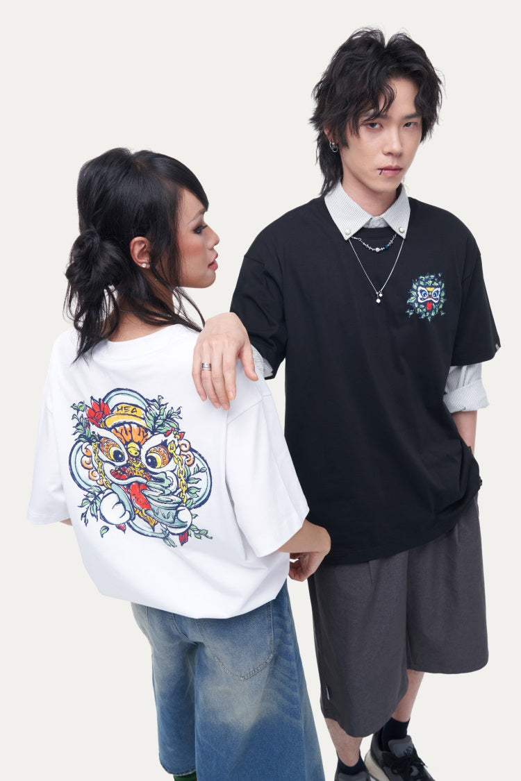 HEA Unisex Heavyweight Cotton Lion Graphic T-Shirt, Oversized Streetwear Short Sleeve Tee
