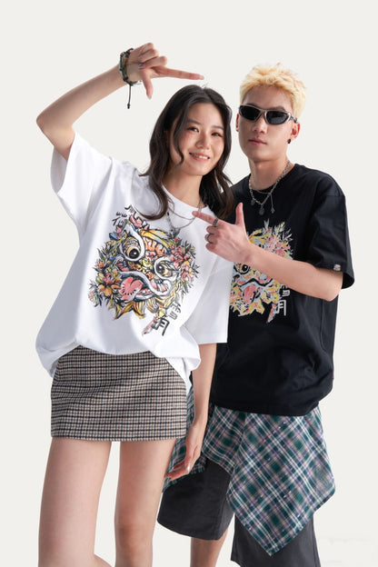 HEA Unisex Heavyweight Cotton Colorful Lion Graphic T-Shirt, Oversized Streetwear Short Sleeve Tee