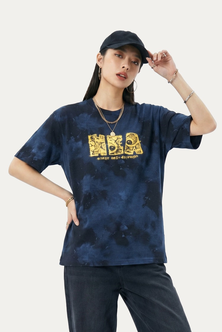 HEA Tie-Dye Galaxy Print Short Sleeve Tee, Unisex Streetwear Cotton T-shirt