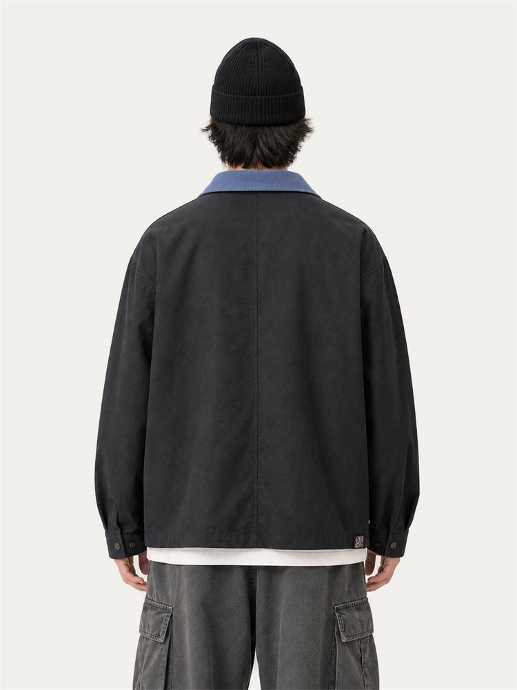 HEA Multi-Pocket Workwear Jacket – Contrast Collar Utility Coat
