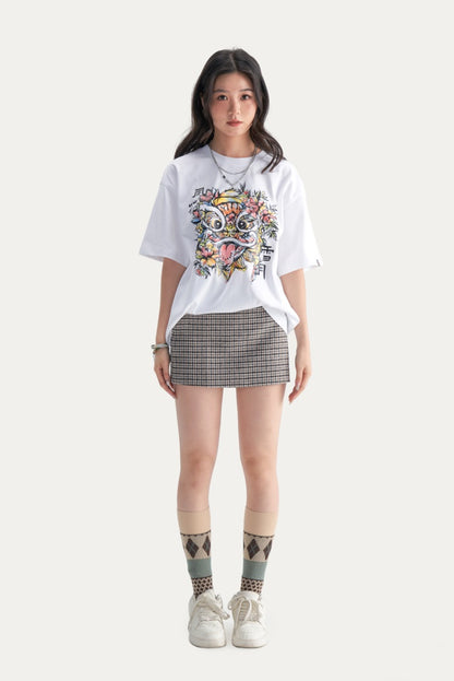 HEA Unisex Heavyweight Cotton Colorful Lion Graphic T-Shirt, Oversized Streetwear Short Sleeve Tee