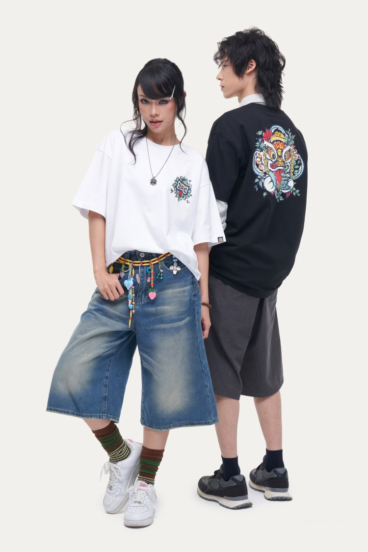 HEA Unisex Heavyweight Cotton Lion Graphic T-Shirt, Oversized Streetwear Short Sleeve Tee