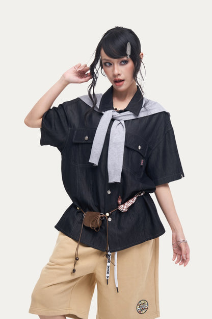HEA Unisex Utility Button-Up Shirt, Short Sleeve Streetwear Work Shirt