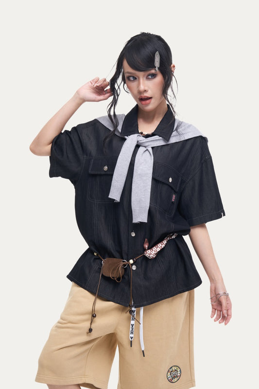 HEA Unisex Utility Button-Up Shirt, Short Sleeve Streetwear Work Shirt