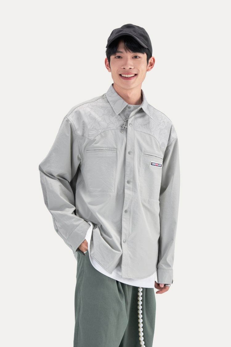 HEA Unisex Contrast Print Long Sleeve Shirt, Casual Streetwear Button-Down Top