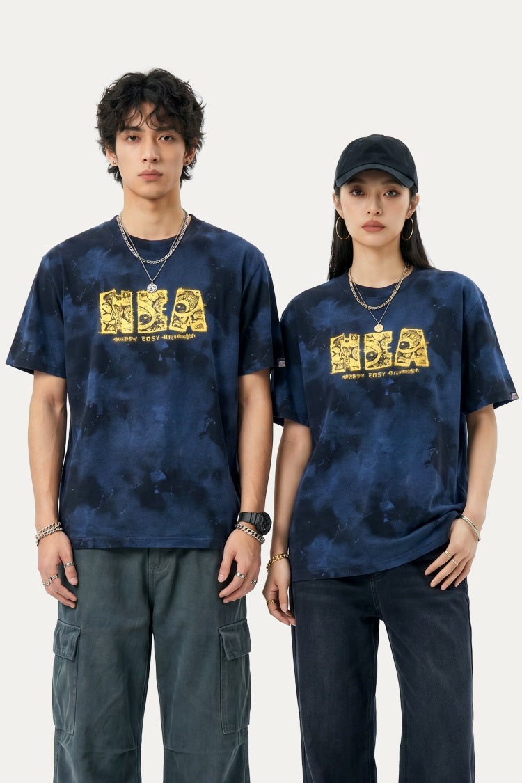 HEA Tie-Dye Galaxy Print Short Sleeve Tee, Unisex Streetwear Cotton T-shirt