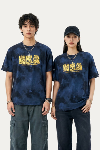 HEA Tie-Dye Galaxy Print Short Sleeve Tee, Unisex Streetwear Cotton T-shirt