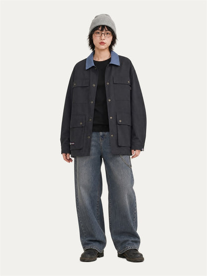 HEA Multi-Pocket Workwear Jacket – Contrast Collar Utility Coat