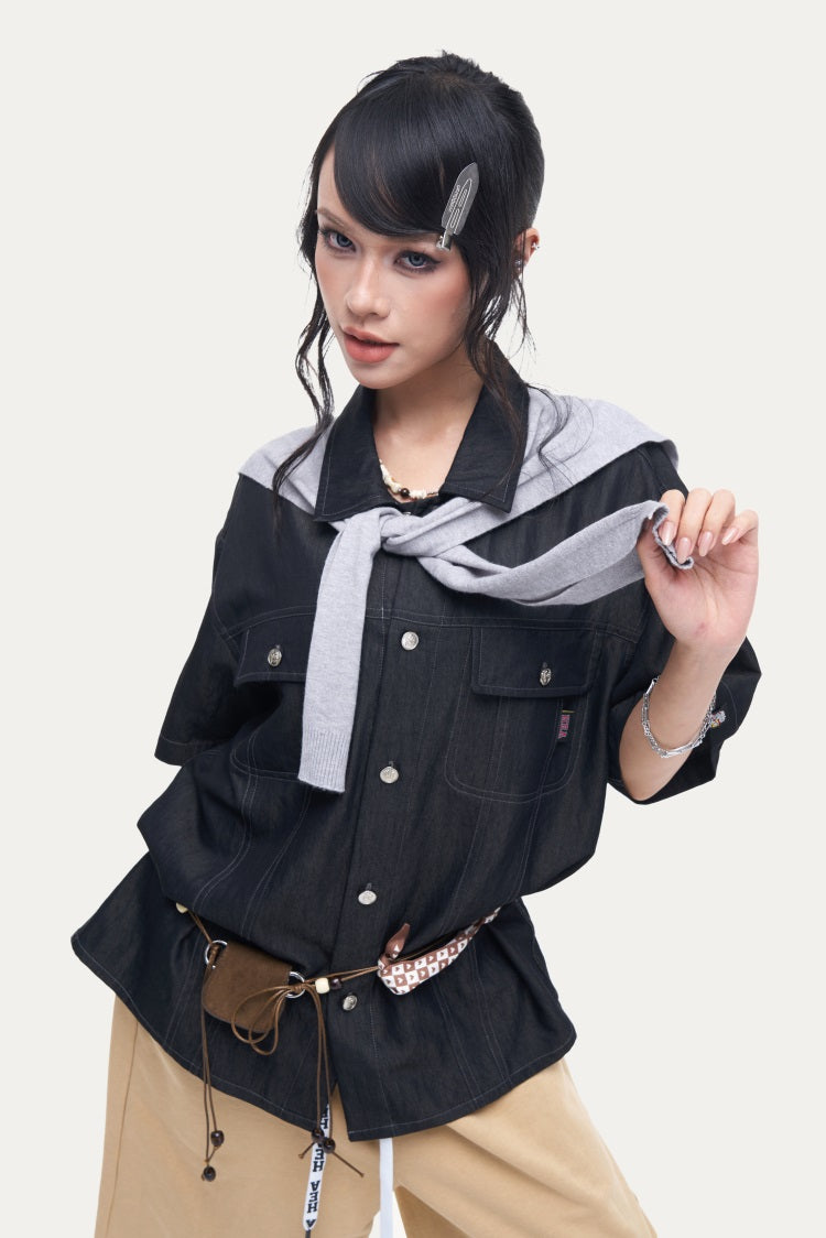 HEA Unisex Utility Button-Up Shirt, Short Sleeve Streetwear Work Shirt