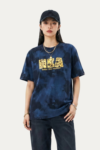 HEA Tie-Dye Galaxy Print Short Sleeve Tee, Unisex Streetwear Cotton T-shirt