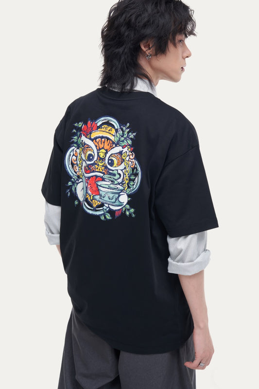 HEA Unisex Heavyweight Cotton Lion Graphic T-Shirt, Oversized Streetwear Short Sleeve Tee