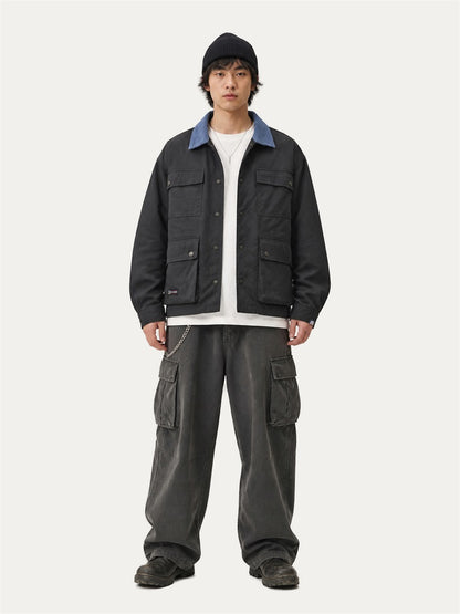HEA Multi-Pocket Workwear Jacket – Contrast Collar Utility Coat