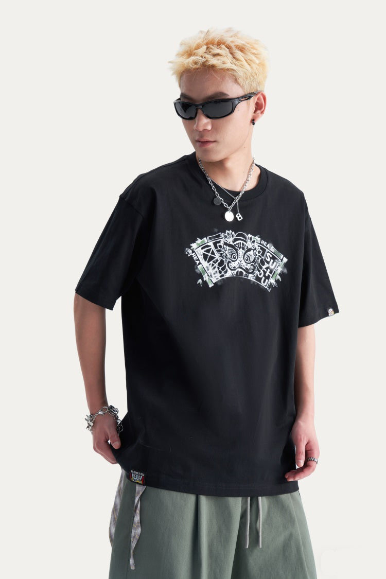 HEA Unisex Heavyweight Cotton Lion Graphic T-Shirt, Oversized Streetwear Short Sleeve Tee