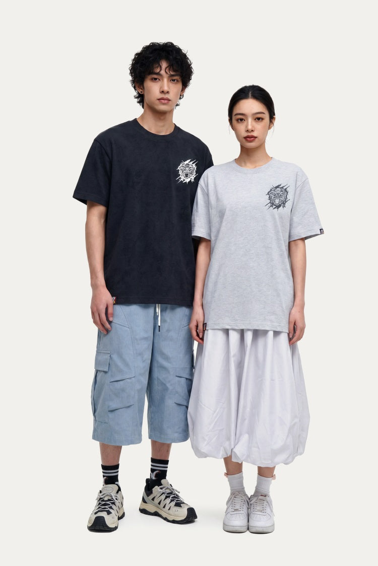 HEA Distressed Wash Lion Head Graphic Tee, Unisex Gothic Streetwear Short Sleeve T-shirt