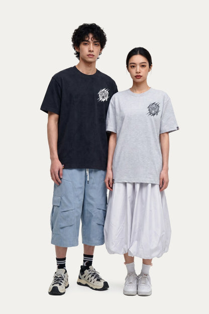 HEA Distressed Wash Lion Head Graphic Tee, Unisex Gothic Streetwear Short Sleeve T-shirt