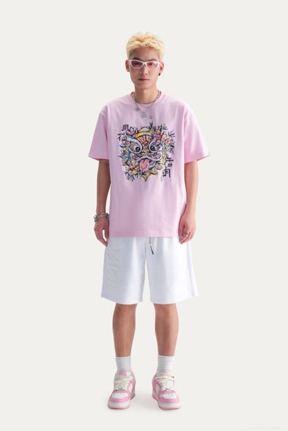 HEA Unisex Heavyweight Cotton Colorful Lion Graphic T-Shirt, Oversized Streetwear Short Sleeve Tee
