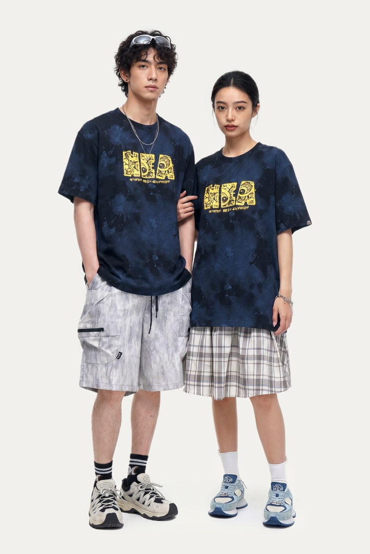 HEA Tie-Dye Galaxy Print Short Sleeve Tee, Unisex Streetwear Cotton T-shirt