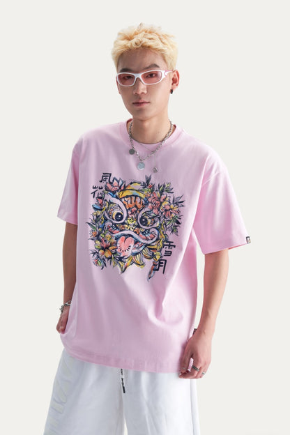 HEA Unisex Heavyweight Cotton Colorful Lion Graphic T-Shirt, Oversized Streetwear Short Sleeve Tee