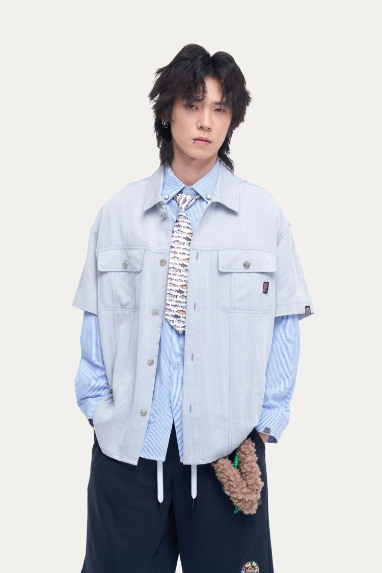 HEA Unisex Utility Button-Up Shirt, Short Sleeve Streetwear Work Shirt
