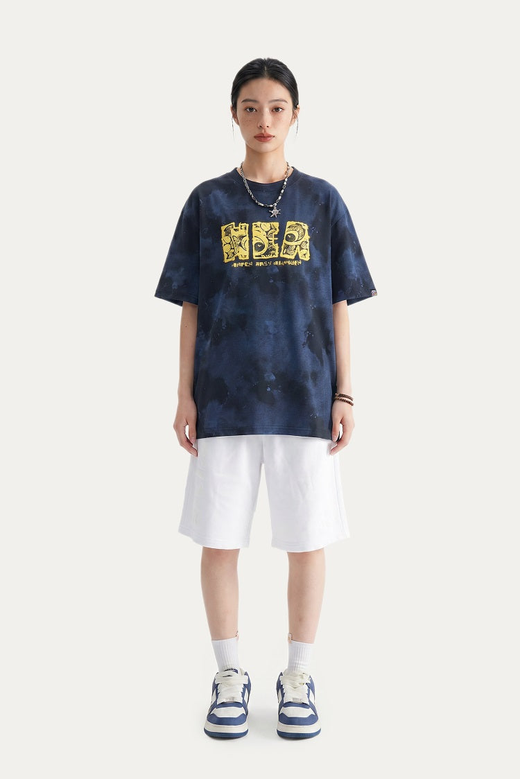 HEA Tie-Dye Galaxy Print Short Sleeve Tee, Unisex Streetwear Cotton T-shirt