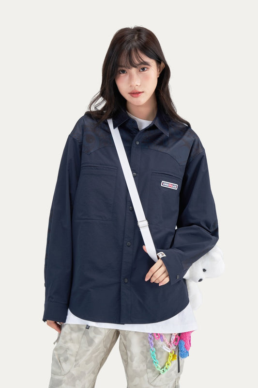 HEA Unisex Contrast Print Long Sleeve Shirt, Casual Streetwear Button-Down Top