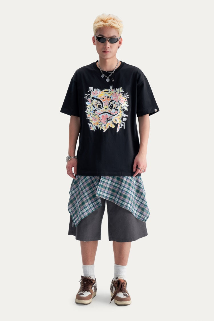 HEA Unisex Heavyweight Cotton Colorful Lion Graphic T-Shirt, Oversized Streetwear Short Sleeve Tee