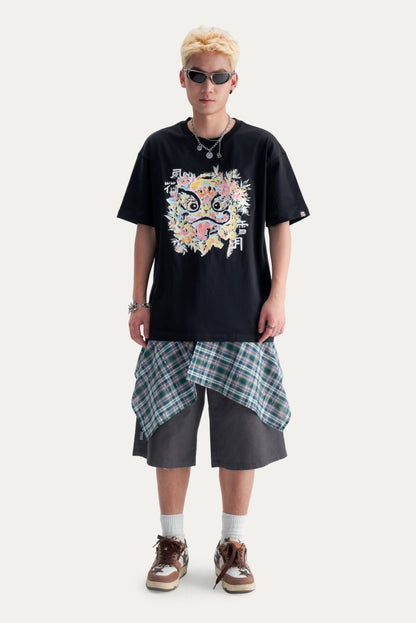 HEA Unisex Heavyweight Cotton Colorful Lion Graphic T-Shirt, Oversized Streetwear Short Sleeve Tee