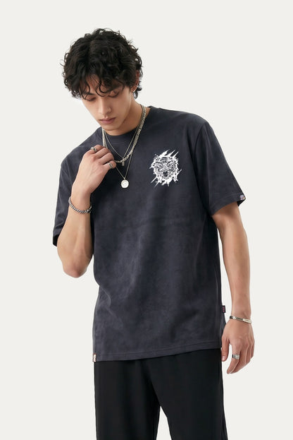 HEA Distressed Wash Lion Head Graphic Tee, Unisex Gothic Streetwear Short Sleeve T-shirt