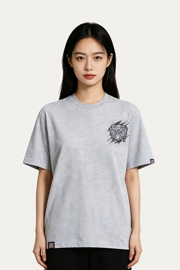 HEA Distressed Wash Lion Head Graphic Tee, Unisex Gothic Streetwear Short Sleeve T-shirt
