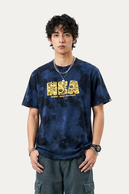 HEA Tie-Dye Galaxy Print Short Sleeve Tee, Unisex Streetwear Cotton T-shirt